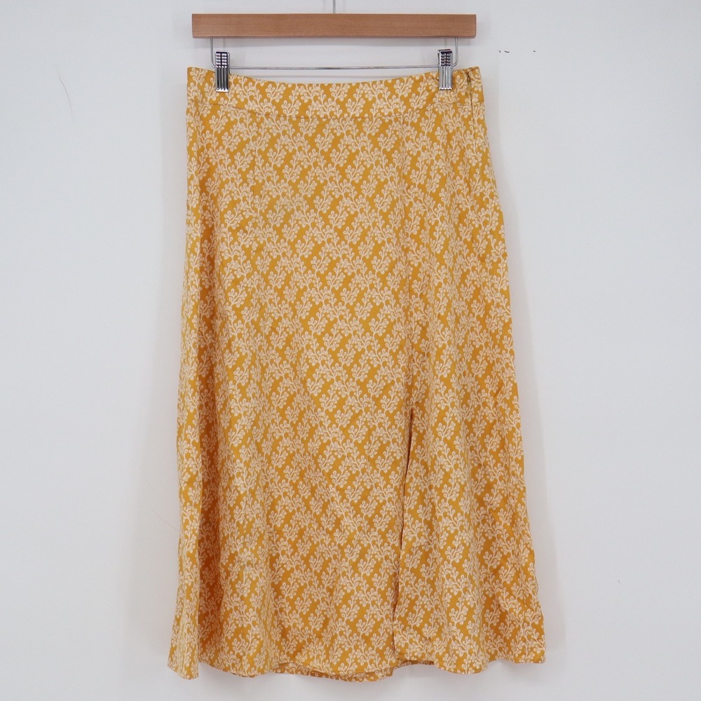 LOFT Skirt Womens 4 Midi Yellow Botanical Leaf Print A-Line Slit Excellent